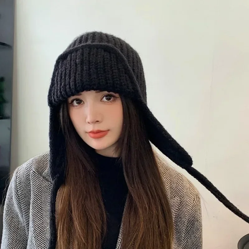 Fashion Ear Protection Knit Hat Winter Warm Cold Proof Flying Cap Solid Color Woolen Crochet Bonnet Korean Women Wool Beanie 4