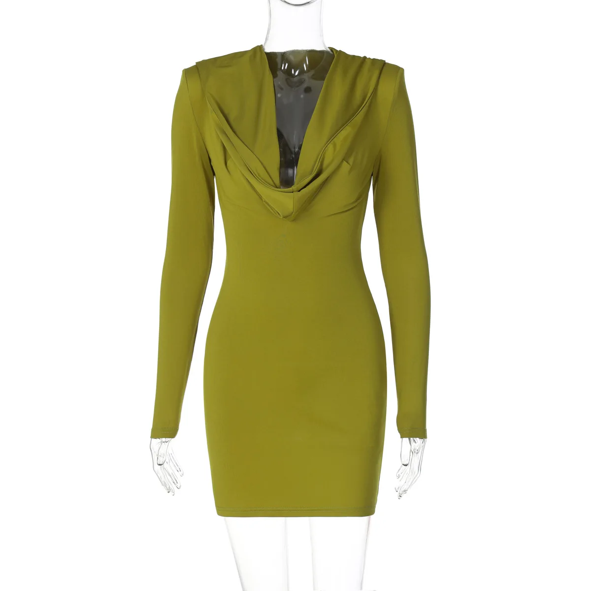 Elegant Deep V Hooded Long Sleeve Solid Bodycon Eveing Dress Mini Wholesale Prom Ladies Dress Autumn Fashion Casual Dress