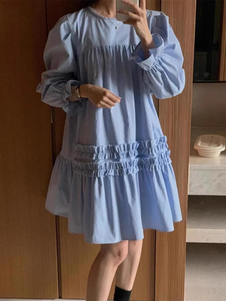 

SuperAen 2024 Korean Chic Spring Blue Round Neck Panel Loose Flare Sleeve Shirt Dress