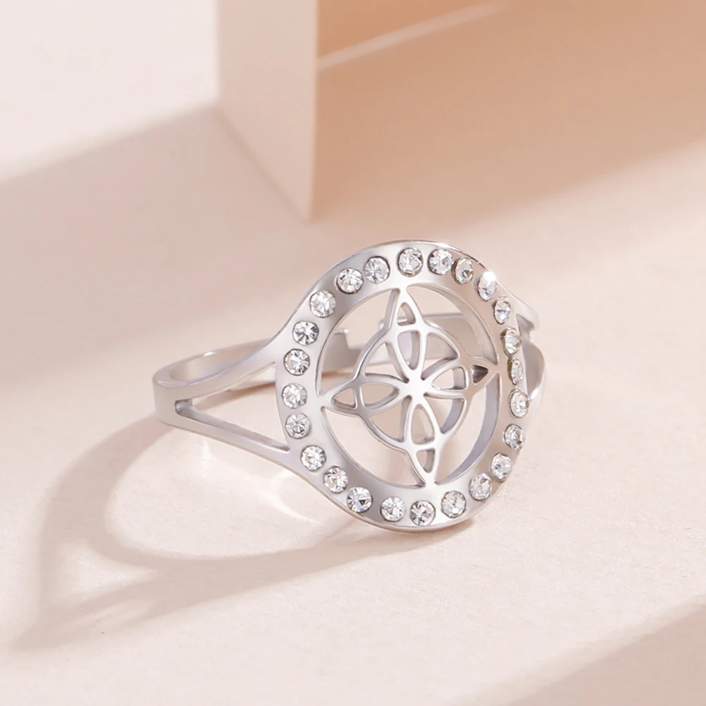 Dawapara Hexenknoten-Ring mit klarem Zirkon, Wicca, verstellbarer Damenring, Edelstahl, religiöser Schmuck, Jahrestag, Geburtstag – Detail 13