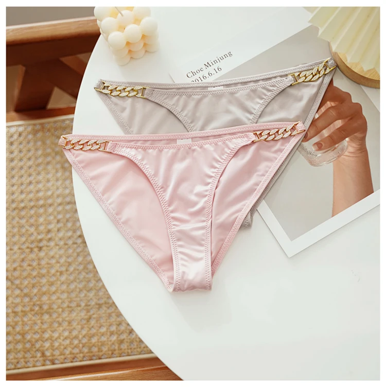 Description Picture 5 of itemCINOON French Satin Sexy Lingerie For Women Diamond Inlaid Chain metal Low waisted Panties New Seamless Triangle Underpants