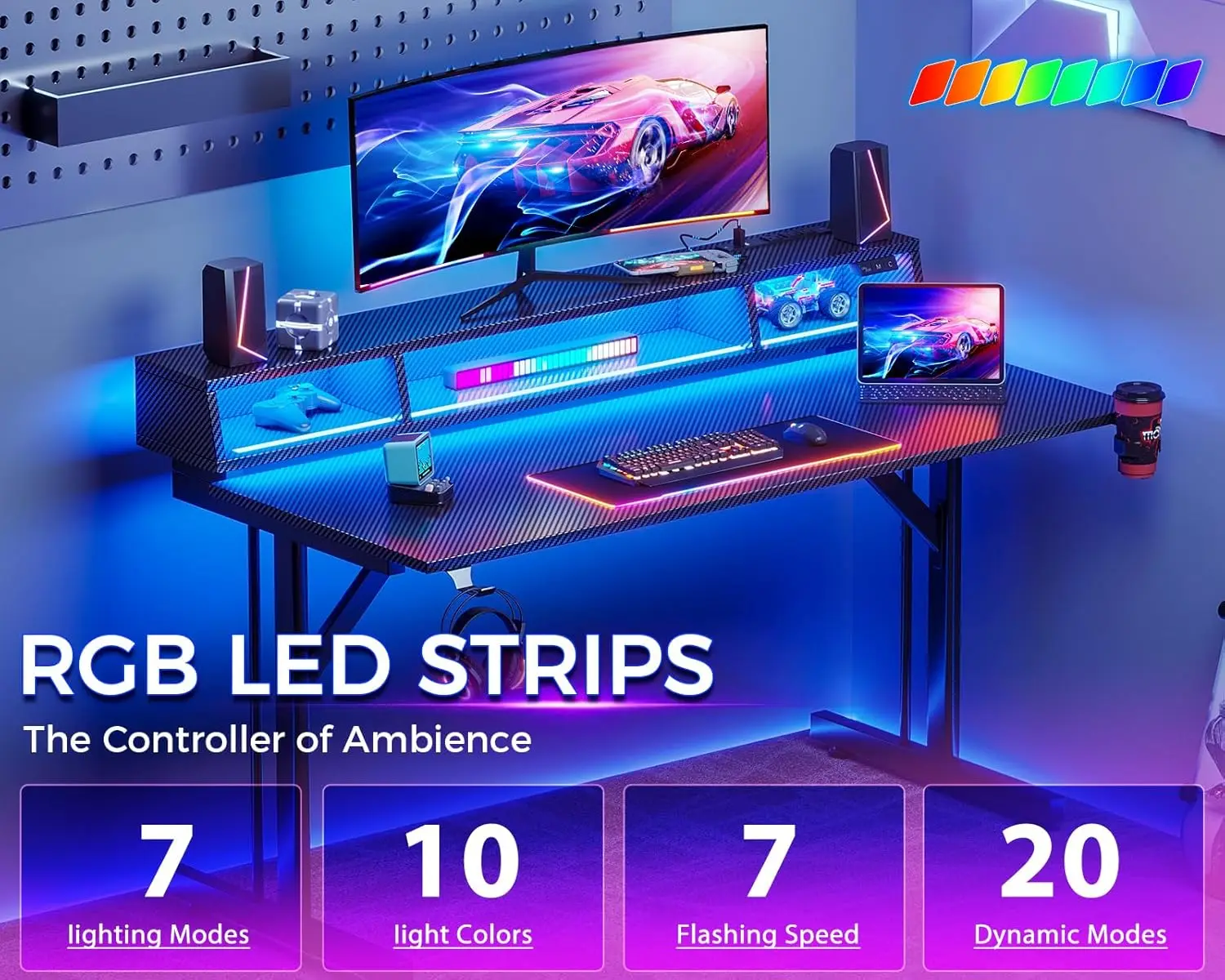 40 inch Gaming Desk with LED Lights & Power Outlets, Small Computer Gaming Table with Float Monitor Stand, Kids Boys Desk 5