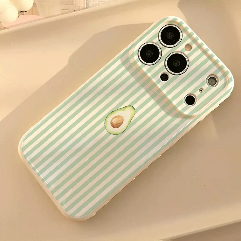 Mint Green Vertical Stripe Watercolor Avocado Pattern Silicone Phone Case