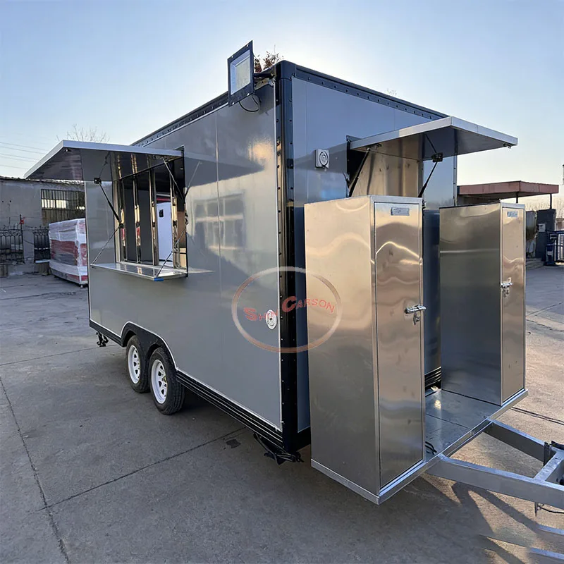 Outdoor Food Trailer Silver-Gray Dual-Wheel Structure with Side Serving Window Catering Truck Mobile Kitchen Trailer Se83f2c61126d4dbcb7634198e93b91b9L