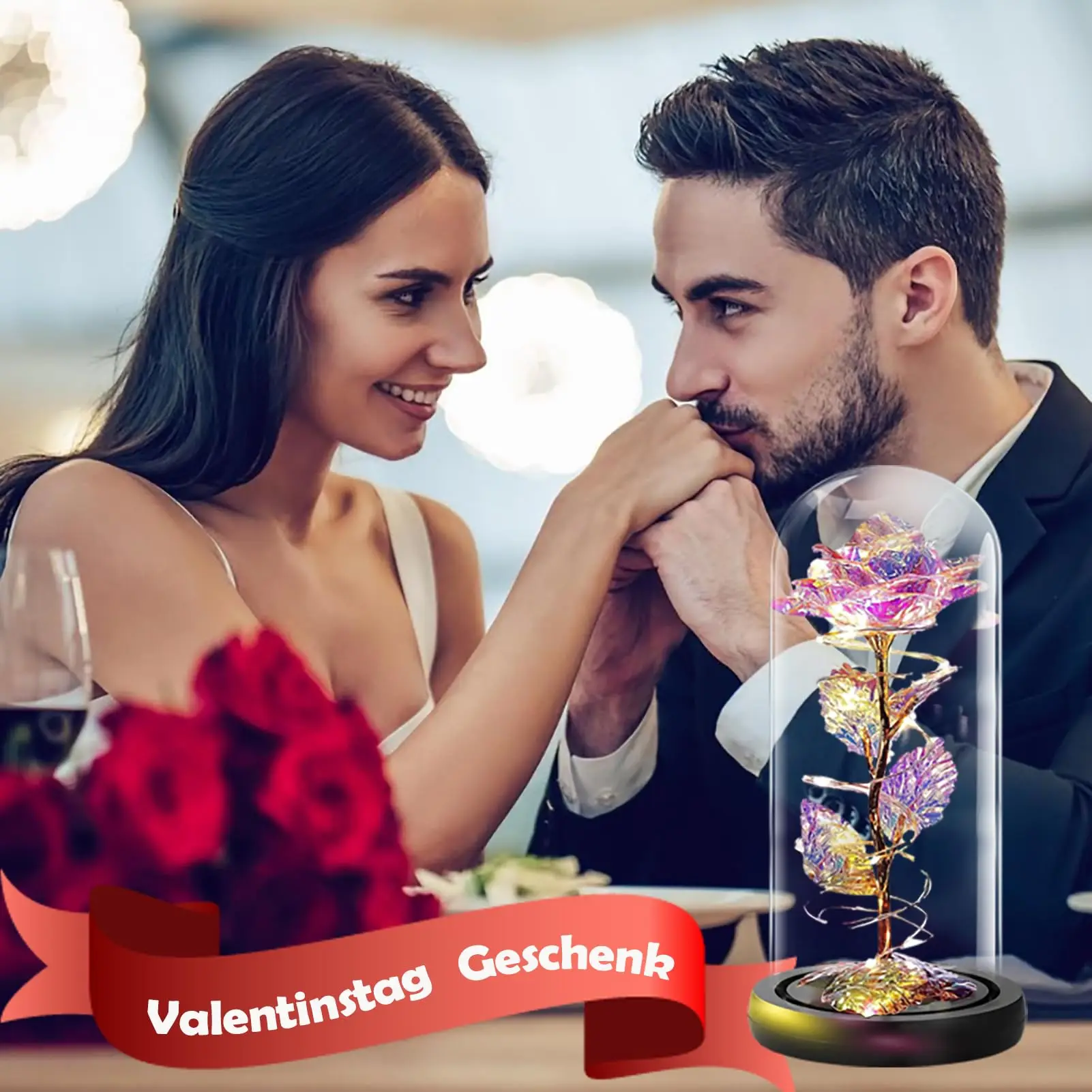 Red Rose Glass Dome On Wooden Base Warm Mood light Silk Red Rose Petals Multi-purpose for Home Office Gift for Women Mother