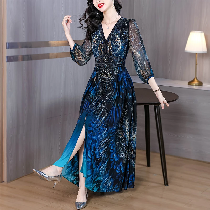 Spring Holiday Boho Beach Hepburn Maxi Vestidos 2025 Women's Vintage Print  Elegant Evening Prom Summer Luxury Silk Midi Dress - AliExpress 200000345