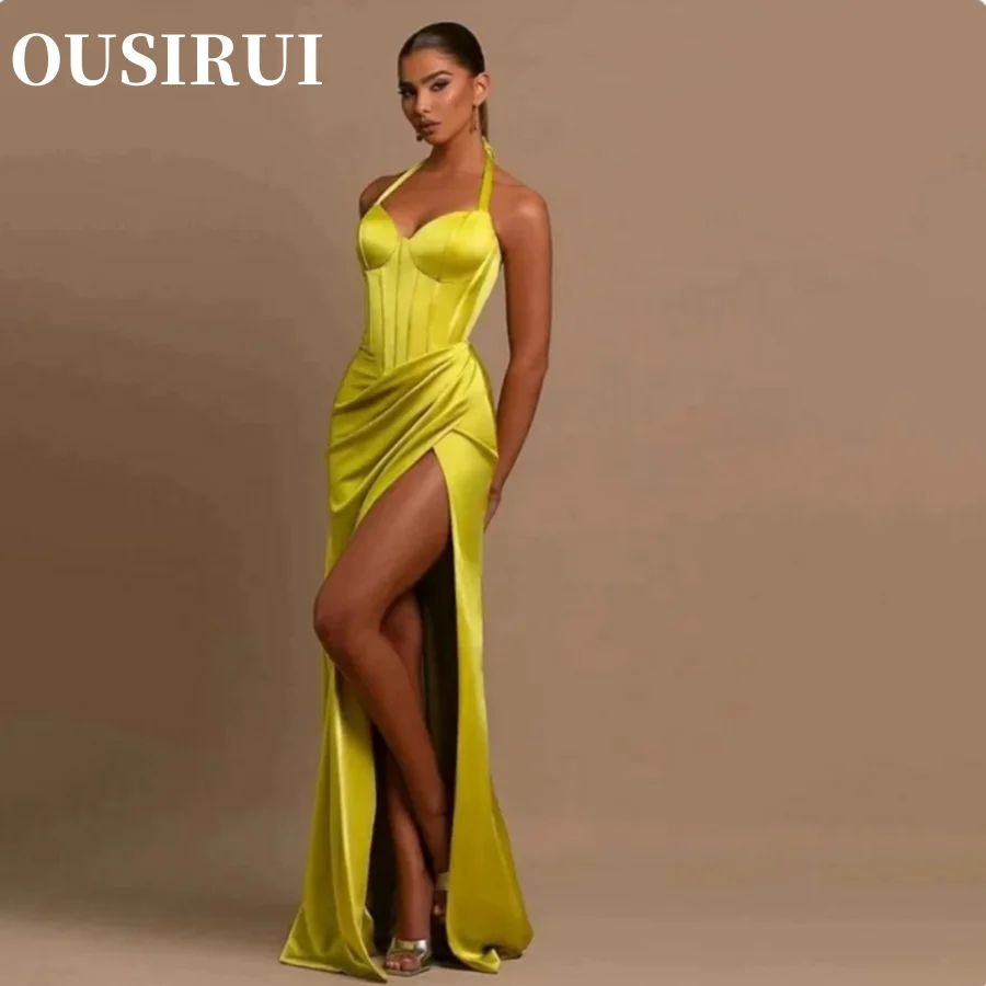 

OUSIRUI Evening Dresses Yellow Side Slit Formal Party Grown Prom Women Wear Grass Shoulder Strap Green Halter Satin Sheath