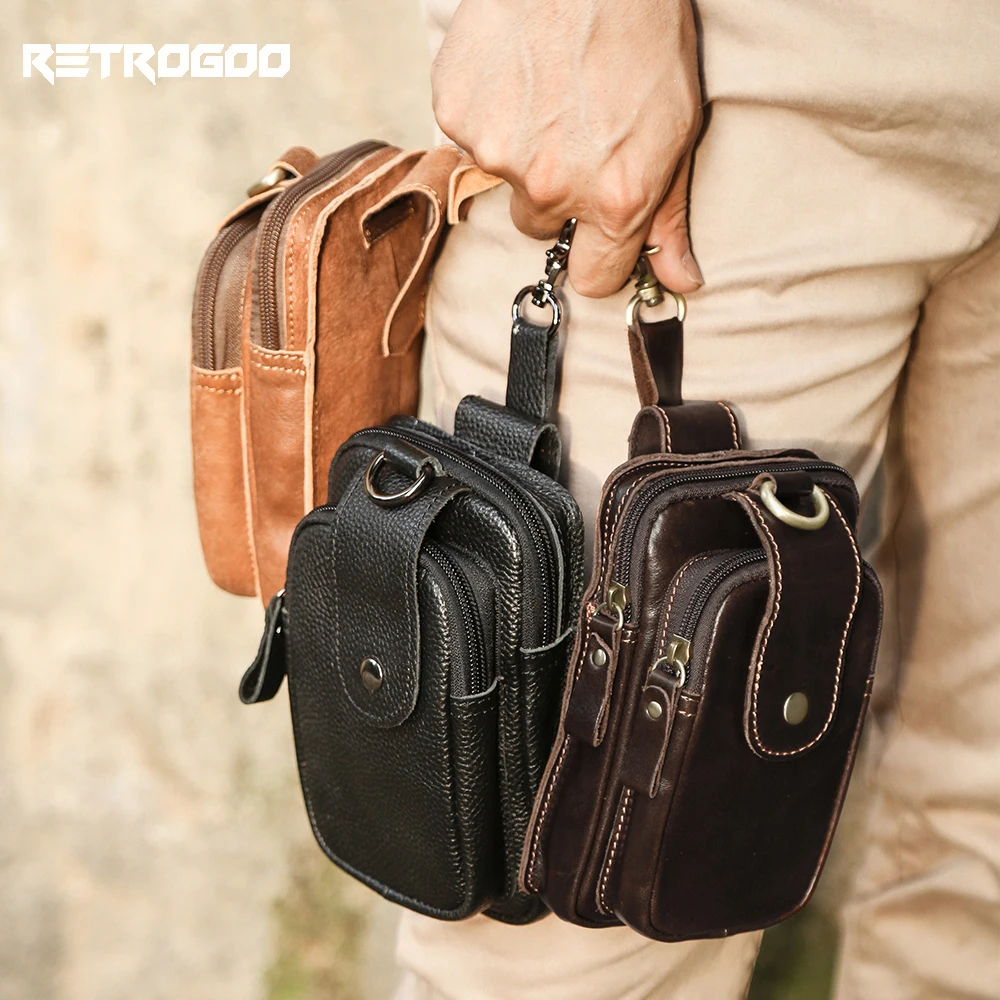 

RETROGOO New Fashion Vintage Genuine Leather Waist Packs Men Outdoor Travel Fanny Pack Blet Bum Bag Cowboy Waist Bag Phone Pouch