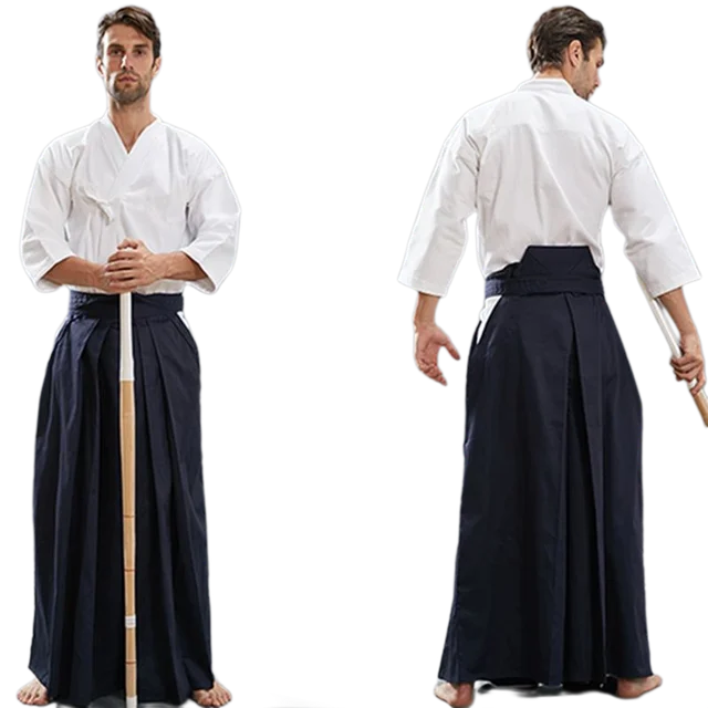 Aikido Gi uniforme coton Hapkido pantalon Kendo Hakama noir bleu profond blanc samouraï japonais traditionnel Keikogi 1