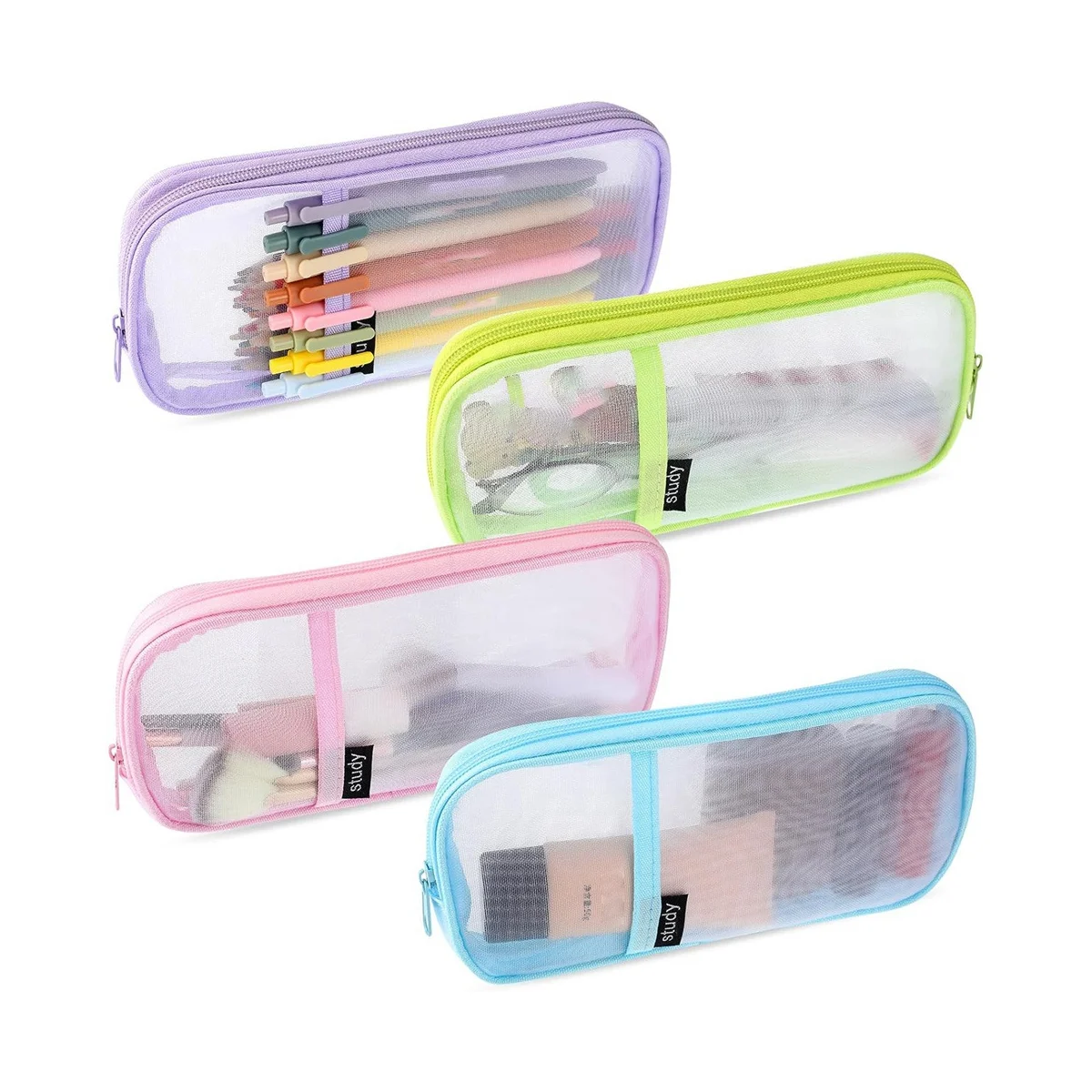 

4 Pcs Grid Mesh Pencil Case with Zipper Clear Pencil Pouch Visible Pen Bag Multi-Purpose Transparent Makeup Bag