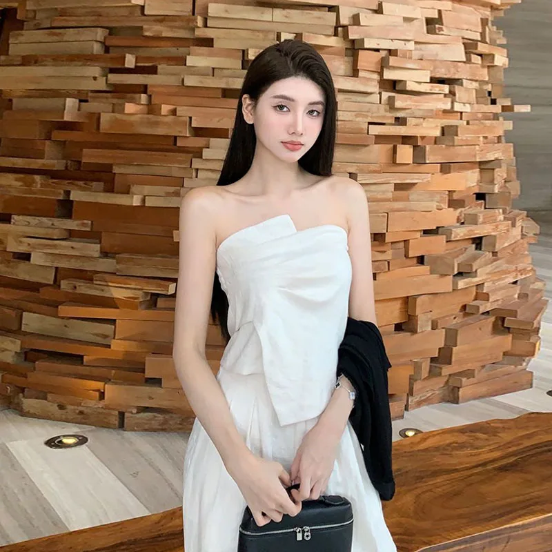 Sexy Trendy White Texture High Waist Wide Leg Pants Set Women's Summer Irregular Pleated Wrap Chest Top And Bot Ensemble image