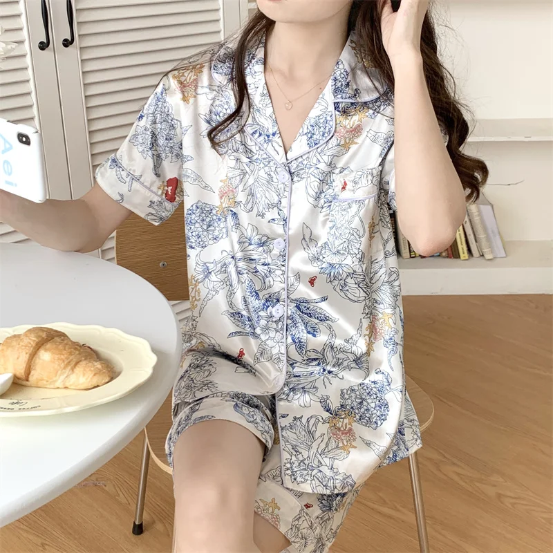 Pajama women's summer short sleeved shorts, light luxury cardigan, small lapel, oil painting, silk pajamas, home clothing set