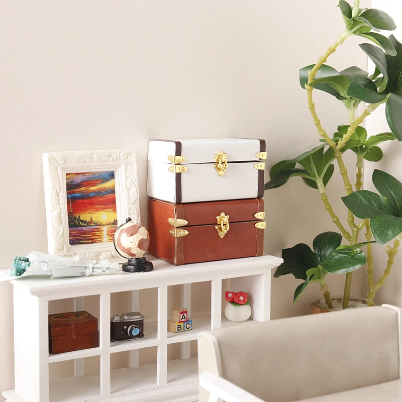 1:12 Dollhouse Miniature Suitcase Vintage Leather Luggage Box Storage Box Home Model Decor Toy Doll House Accessories 1pcs mini suitcase jewelry storage box travel jewelry candy box earring necklace showcase dollhouse handbag model packing case