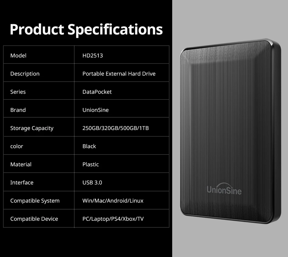 250GB, 320GB, 500GB, 1TB, USB 3.0, Armazenamento