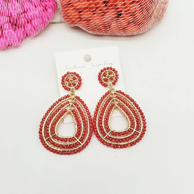 

Серьги из бисера с кристаллами в форме капли воды, двухуровневые ажурные оригинальные ручные вязаные богемные ретро простые серьги из искусственной кожи