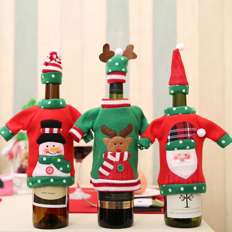 

New Wine Bottle Bag Christmas Bottle Cover Knitted Sleeve Clothes Hat Sweater Decoration Xmas Party Dinner Table Decor Champagne