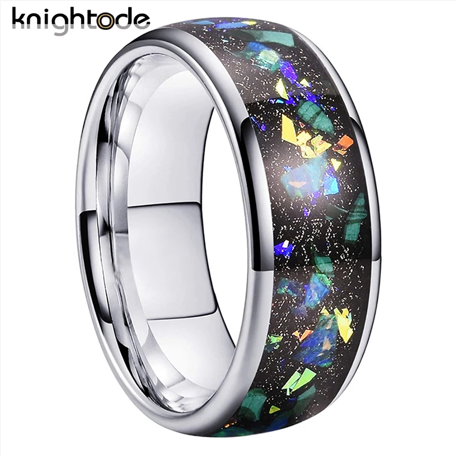 

8mm Punk Jewelry Rings Mens Womens Tungsten Carbide Engagement Wedding Band Crushed Opal Inlay Domed Polished Comfort Fit