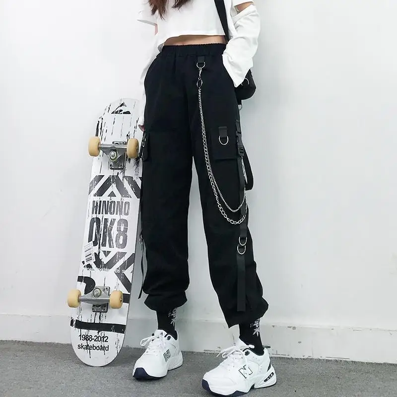 

Women Cargo Pants 2023 Harem Pants Fashion Punk Pockets Jogger Trousers With Chain Harajuku Elastics High Waist Streetwear