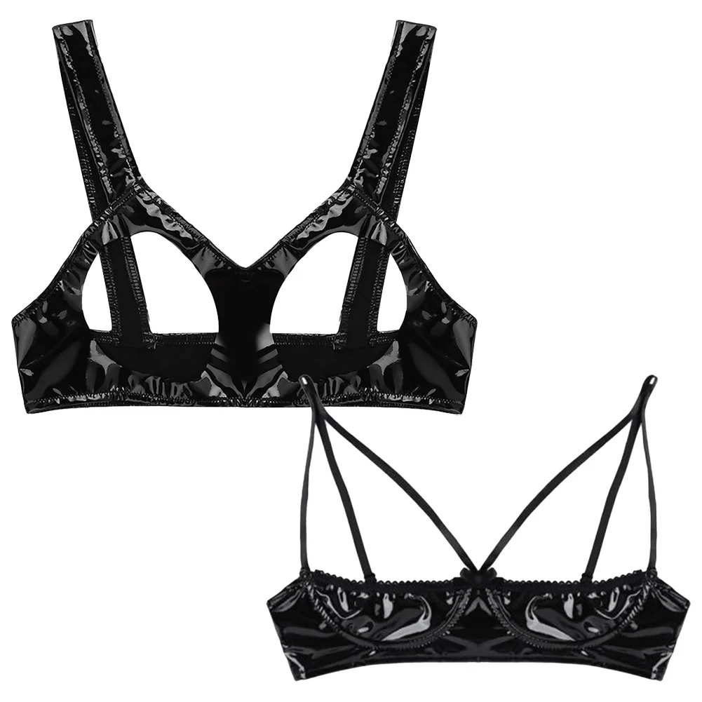 Women Open Cup Bralette Wet Look PU Bra Wire-Free Bustier Clubwear Lingerie Sleeveless Corset Top Night Club Erotic Wear