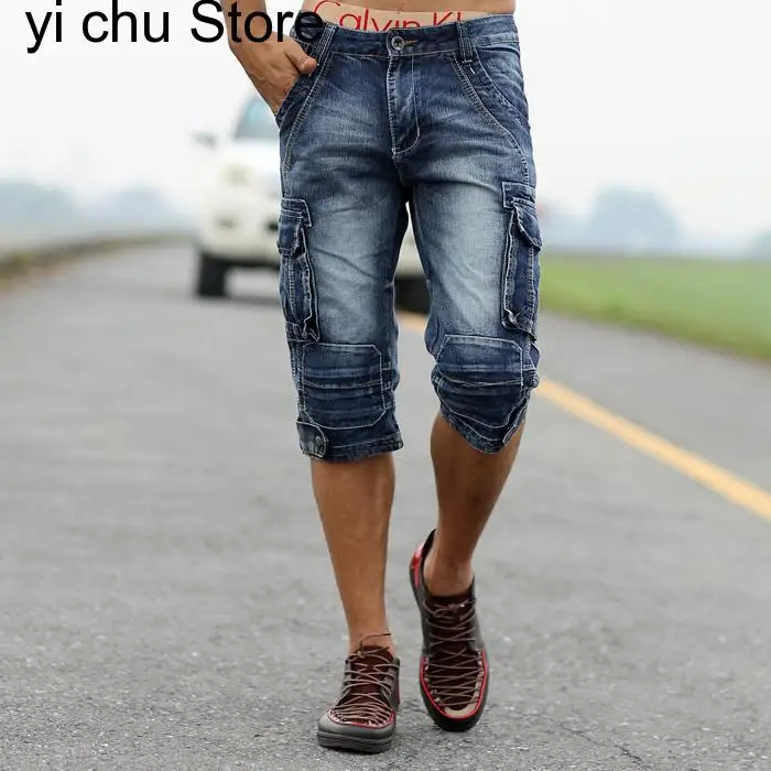 New Summer Men's Retro Denim Shorts Casual Washed Male Fashion Short Jeans Knee-length Overall Combat Cargo Military Style