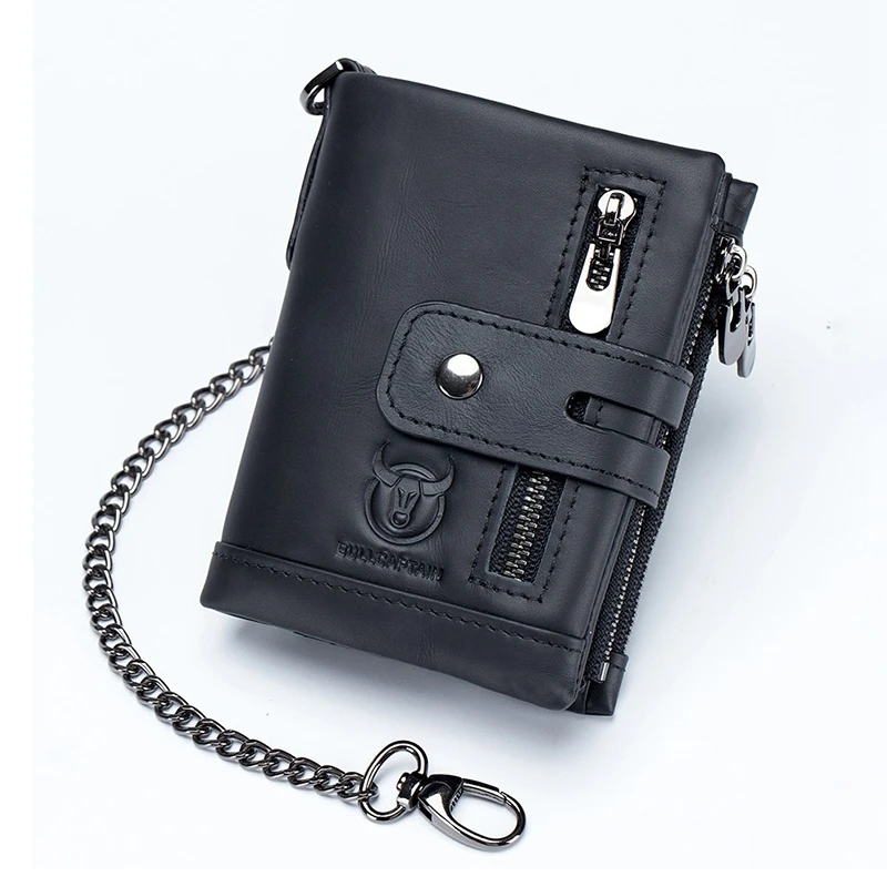

BULLCAPTAIN RFID Genuine Leather Men Wallet Coin Purse Small Mini Card Holder Chain Male Walet Pocket