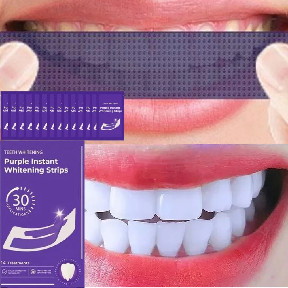 42Pairs V34 Purple Teeth Whitening Strips Fresh Breath Remove Stains Tooth Brightening Stickers Protable Teeth Whitening Product