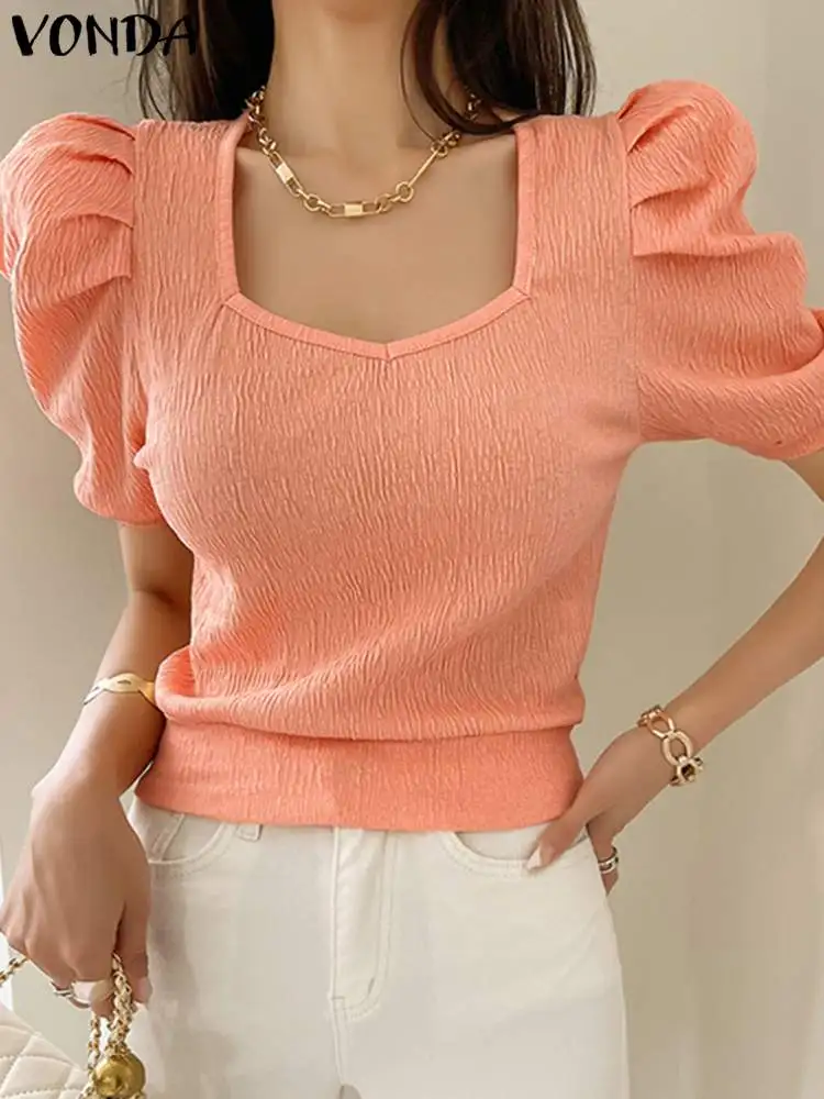 

VONDA Women Elegant Blouse 2024 Summer Fashion Puff Short Sleeve Solid Color Tunic Tops Casual Sexy Square Collar Shirts Blusas