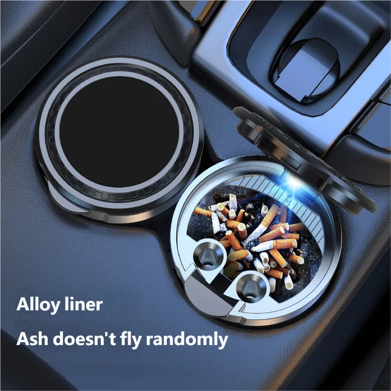 Portable Can LED Ashtray Smokeless Auto Cigarette Ash Holder Lid Detachable Metal Lining One-Click Push Open Splash-Proof