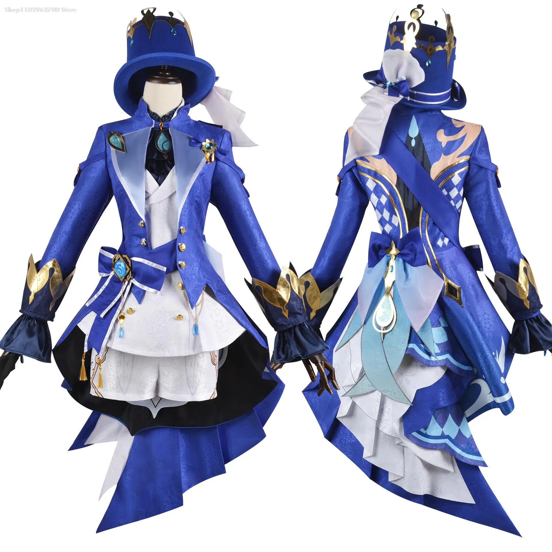 

Focalors косплей костюм парик игра Genshin Impact Furina Вдавленный Бог Справедливости синее пальто брюки Униформа головной убор гидро юбка