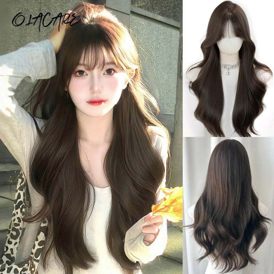Synthetic Brown Long Deep Wave Wig For Women With Bangs