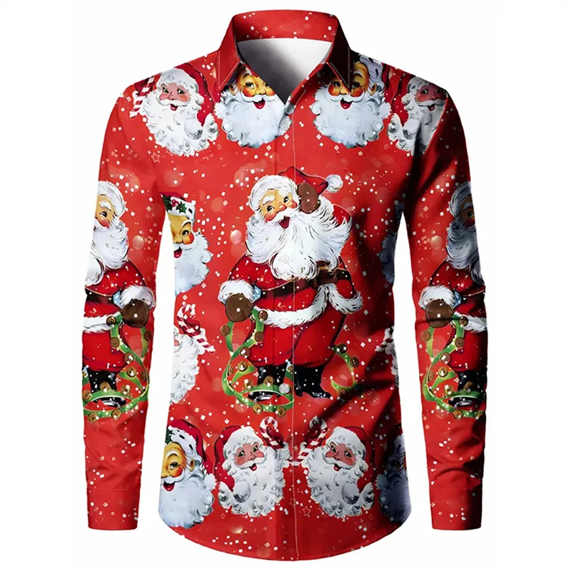 Christmas Santa Claus 2024 Men's Long Sleeve Fashion Casual Party Lapel Printed Comfortable Versatile Plus Size Shirt earrings christmas santa claus beading earrings in multicolor size one size