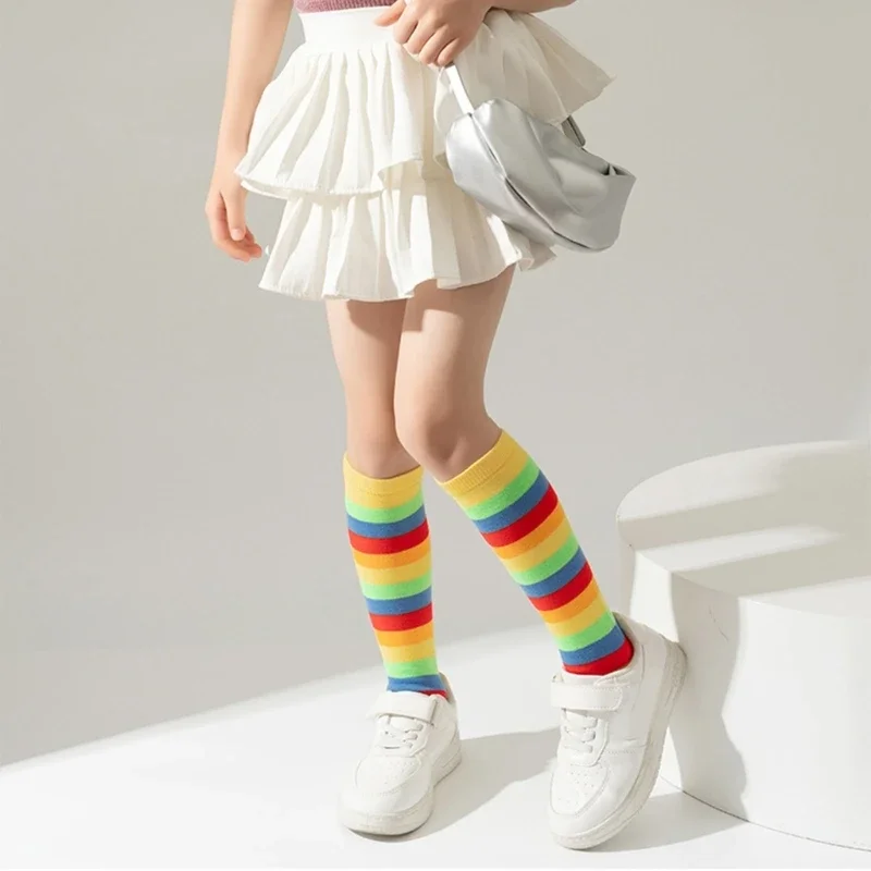 1 Spring Autumn Children's Long Stockings Rainbow Stripped Teen Girls Christmas Cosplay Party Socks Kids Girls Knee High Socks cotton knee socks,knee length socks