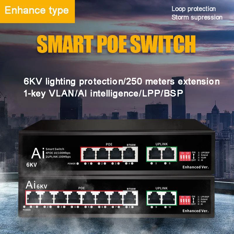 기가비트 4/8 포트 AI POE 스위치, 6KV 조명 보호, 루프 및 루프 보호, 지능형 재시작, 250m 확장, VLAN