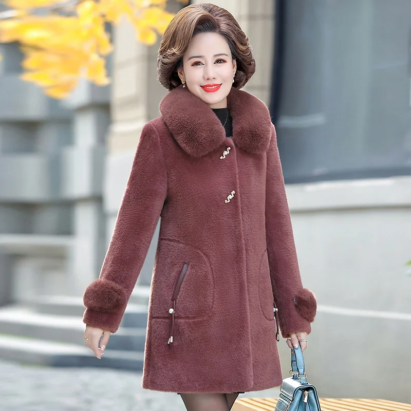 

Pop Women Wool Blends Coat Autumn Winter Nice Fashion Mother Thicken Warm Tops Outerwear Mid-lenth Faux Fur Overcoat Female