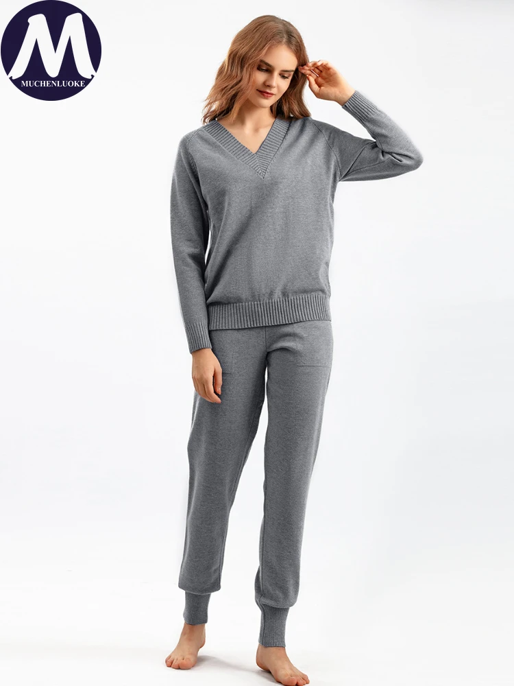 

Sweater Two Piece Sets Autumn/Winter New V-neck Knitted Sweater Pullover Set Fashion Casual Lace Up Women's Harlan Pant Sets
