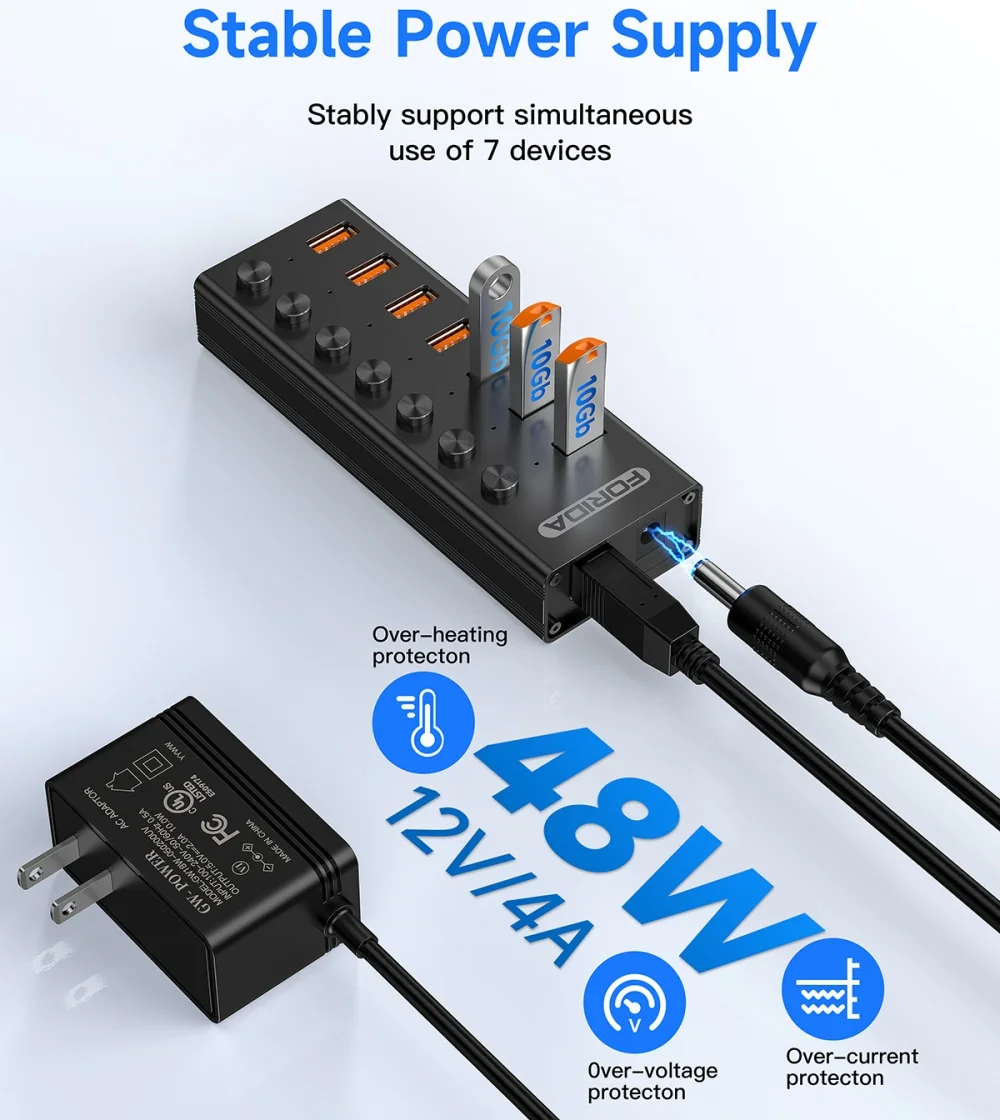 FORIDA 7 Port USB A Docking Stations 10Gbps Power USB 3.2 Hub Splitter On/Off Switch Adapter for Laptop PC Flash Drive Phone 6