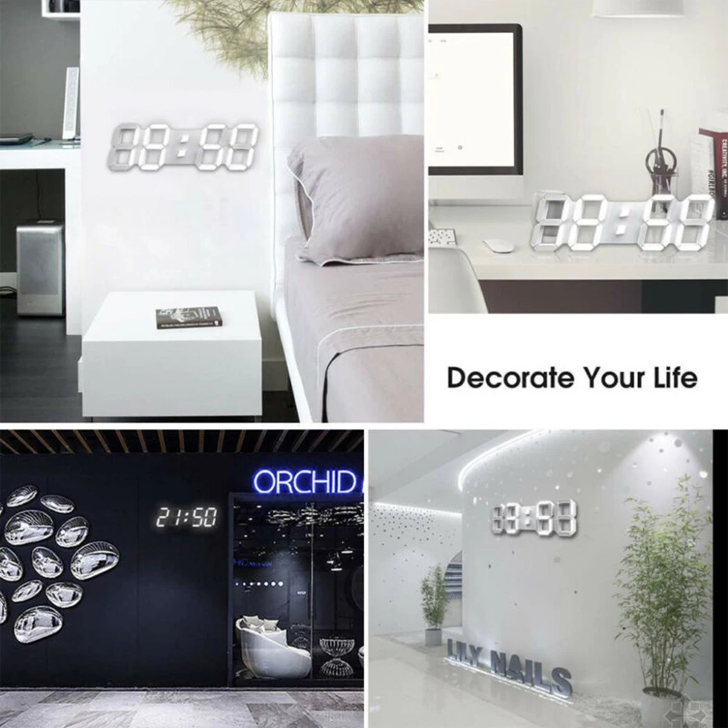 Wall Clock 3D LED Digital 24/12 Hour Display Timer Alarm Home USB Plug In