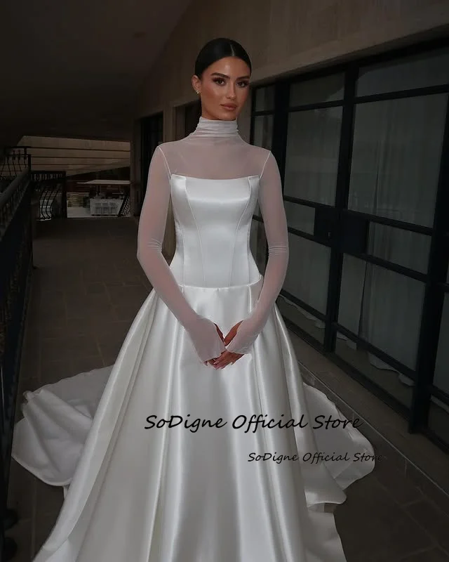 SoDigne A-line Satin Wedding Dresses High Neck Full Sleeves Bridal Dress Simple Long Wedding Gown Robe De Mairee ﻿Customized 4