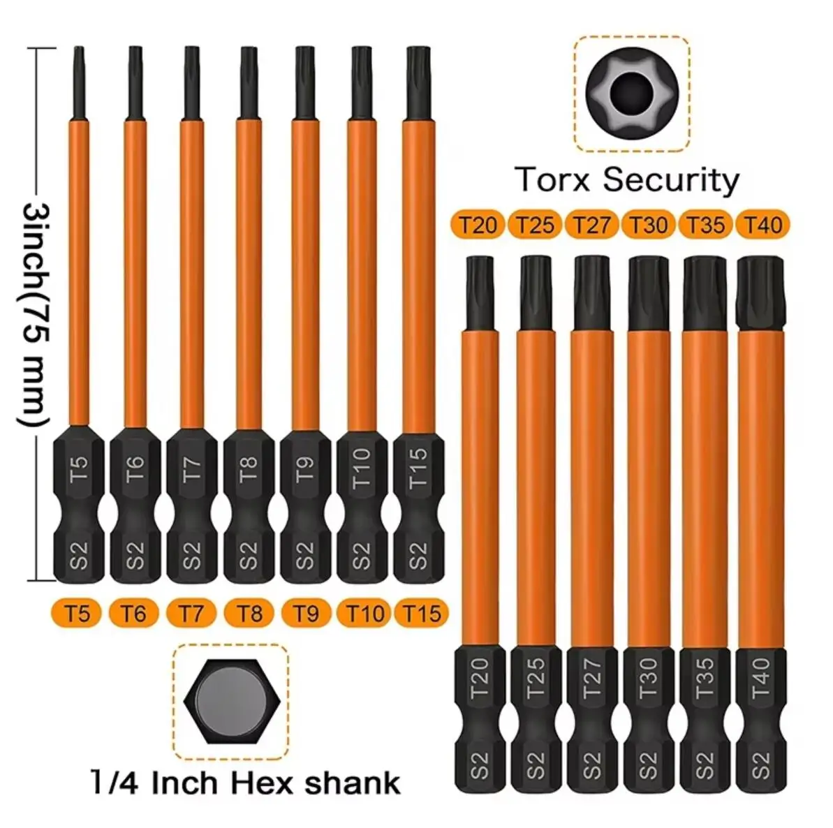13-teiliges Torx-Bit-Set, manipulationssicher, stoßfest, Stern-Torx-Bits, 1/4 Zoll Sechskantschaft, 100 mm Schraubendreher, T5 ~ T40 Bit-Set – Detail 10