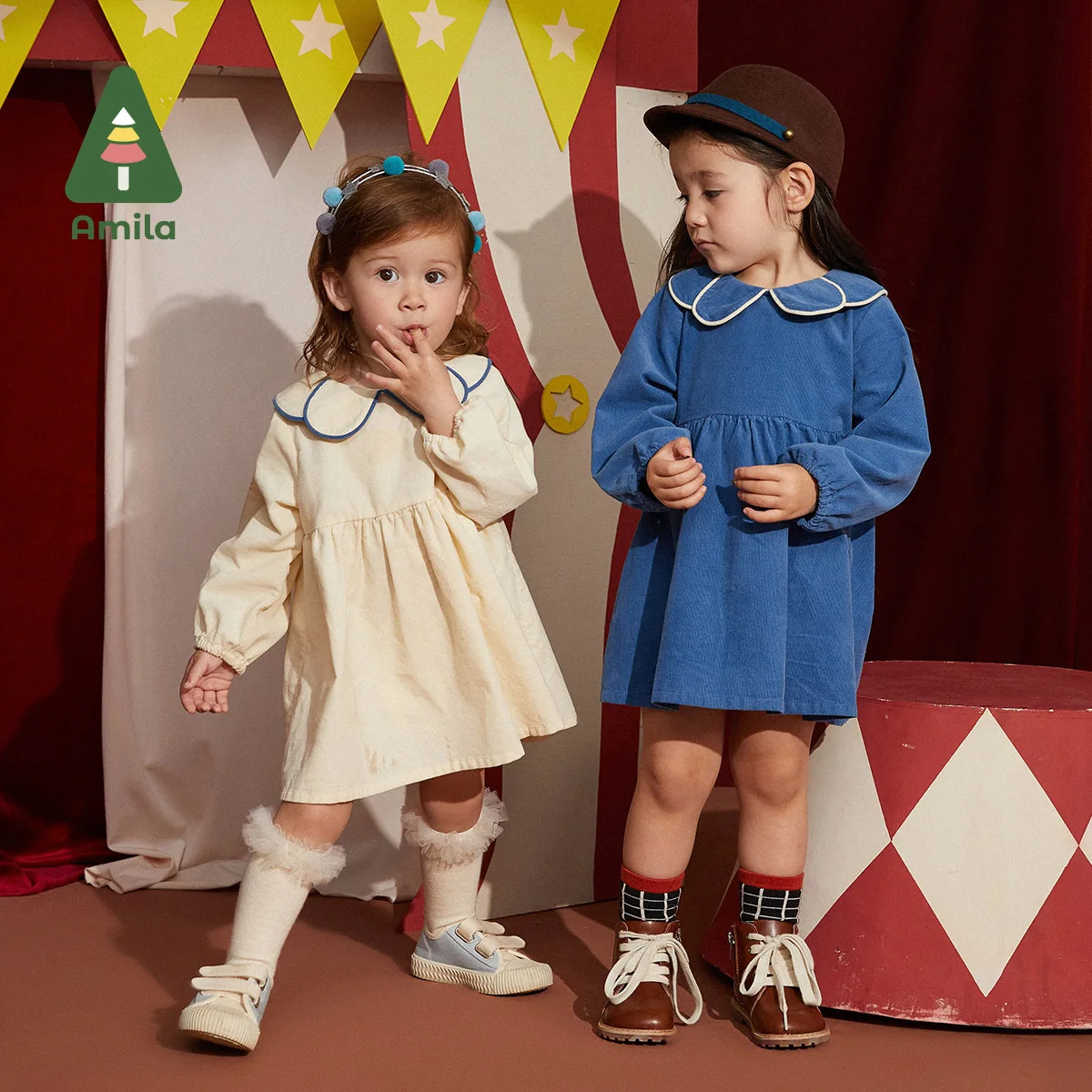 

Amila Baby Girl Dress 2022 Autumn New Cute Two Colors Corduroy A-line Dresses Childrens Clothing Fashion