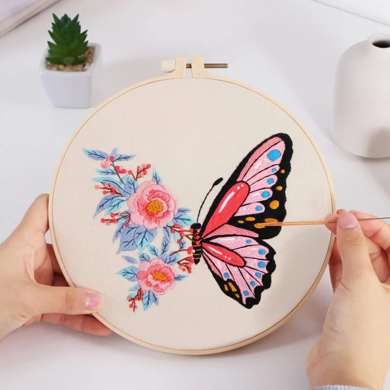 Beginner Butterfly Embroidery Kit – Printed Cross Stitch Set with Hoop 3