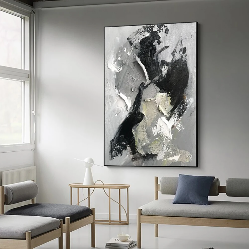 

Home Decoration Abstract Thick Texture Oil Painting Handmade 3D Canvas Painting Grey And Black Modern Simple Decoration Home