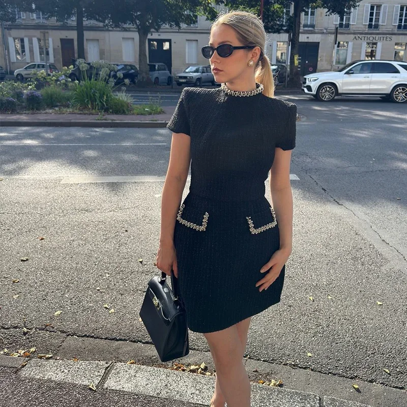 Elegant Tweed Short Party Dress Women Long Sleeve Square Collar Fake Pocket Evening Dresses Autumn Shiny Slim A-line Robes