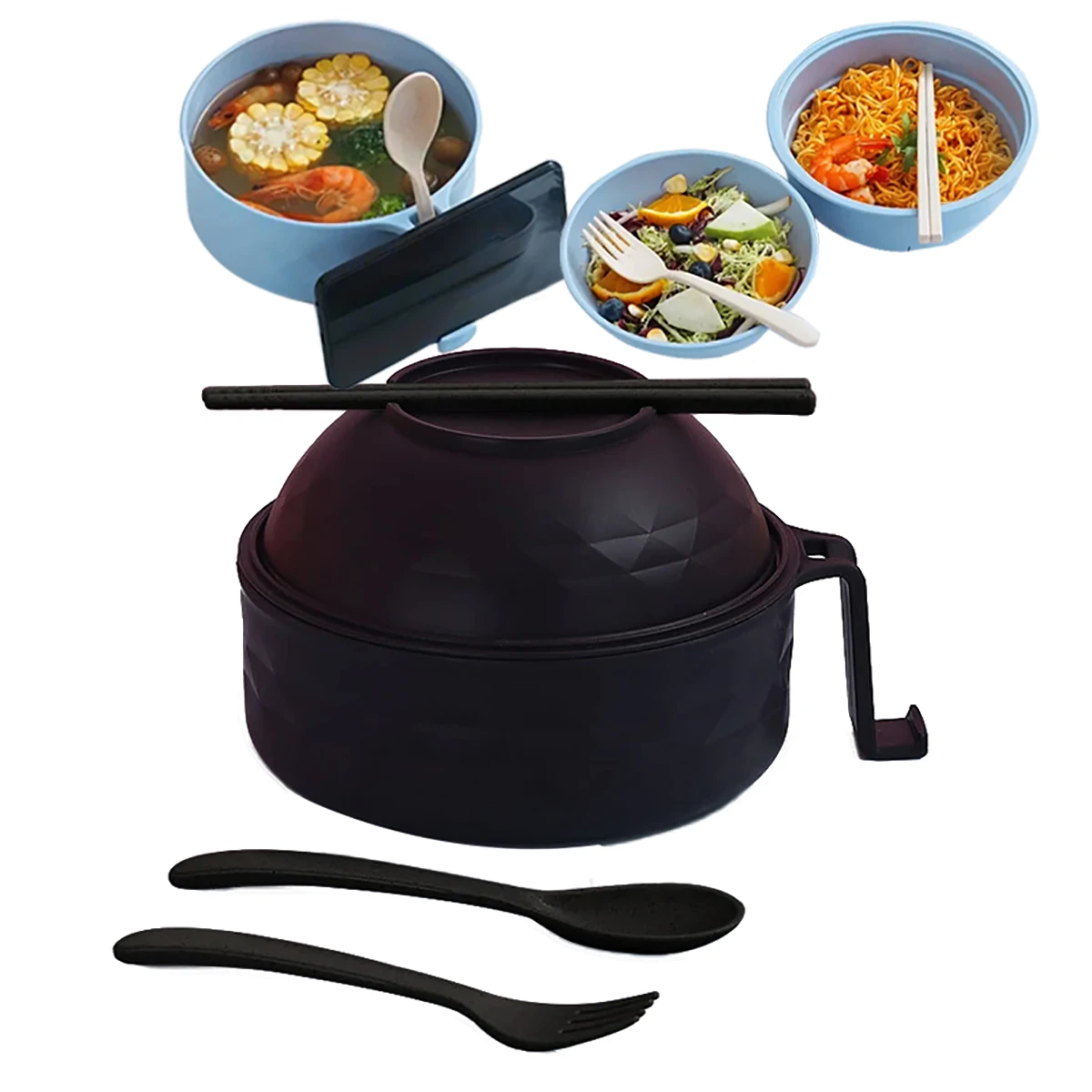 Microwave Ramen Bowl Cooker Set-Wheat Straw Instant Noodles Bowl with Handles, Ramen Noodle Cooker with Spoon Chopsticks Fork Ramen Bowl