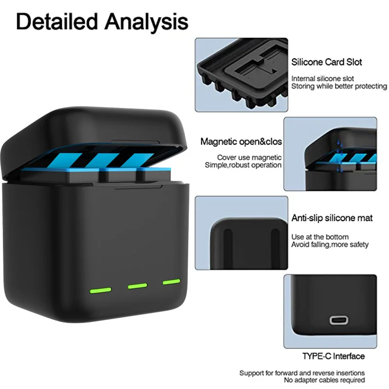 GoPro 10 9 Battery Charger 3 Way Smart Charging Case Rechargeable 1750mAh Battery Storage Box For Go pro Hero 9 10 Accessories