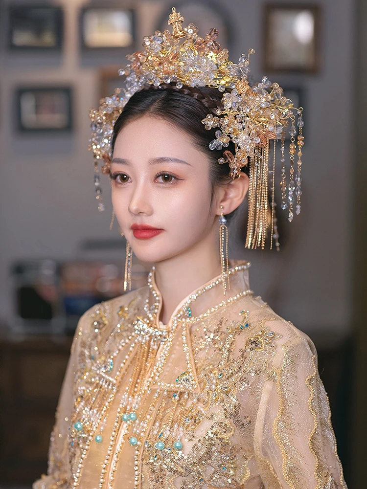Ancient Chinese Style Bridal Wedding Women Hanfu Dress Hair Accessories  Luxurious Colored Queen Hairwear Decoration Crown