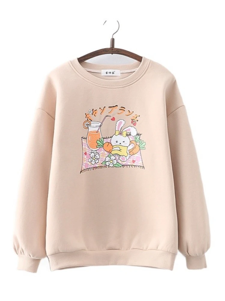 

Fleece Thick Women Sweatshirt Harajuku Cartoon Rabbit Print Kawaii Warm Pullover Hoodies 2023 Winter Korean Style Ladies Top