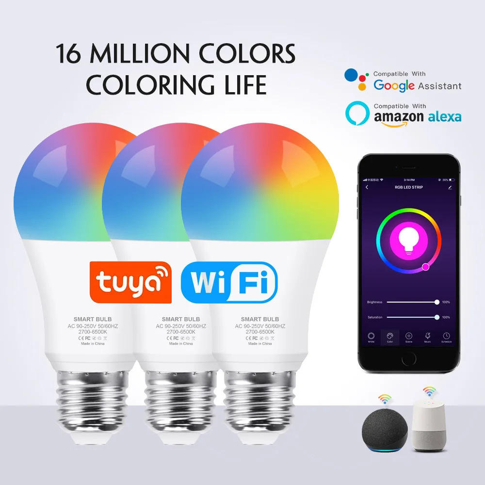 

Tuya E27 Led Lights Bulb18W RGB CW WW Wifi Led Lamp Alexa Smart Bulb Compatible With Google Assistant