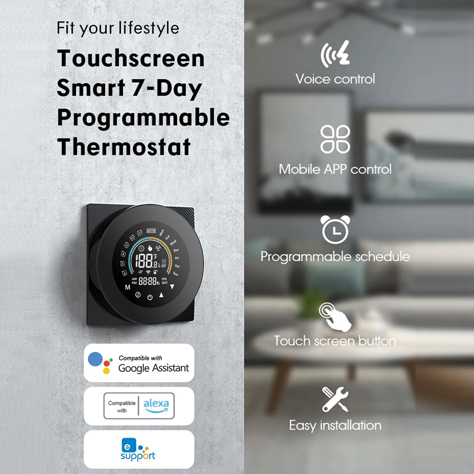 Description Picture 6 of itemeWelink WiFi Smart Thermostat Digital Temperature Controller for Water/Gas Boiler Large LCD Display Touch Button Voice Control