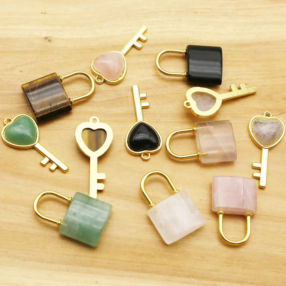 High Quality Natural Stone Crystal Heart Key Couple Lock Set Pendant Charm Fashion DIY Jewelry Gift Accessories Wholesale 6Setof